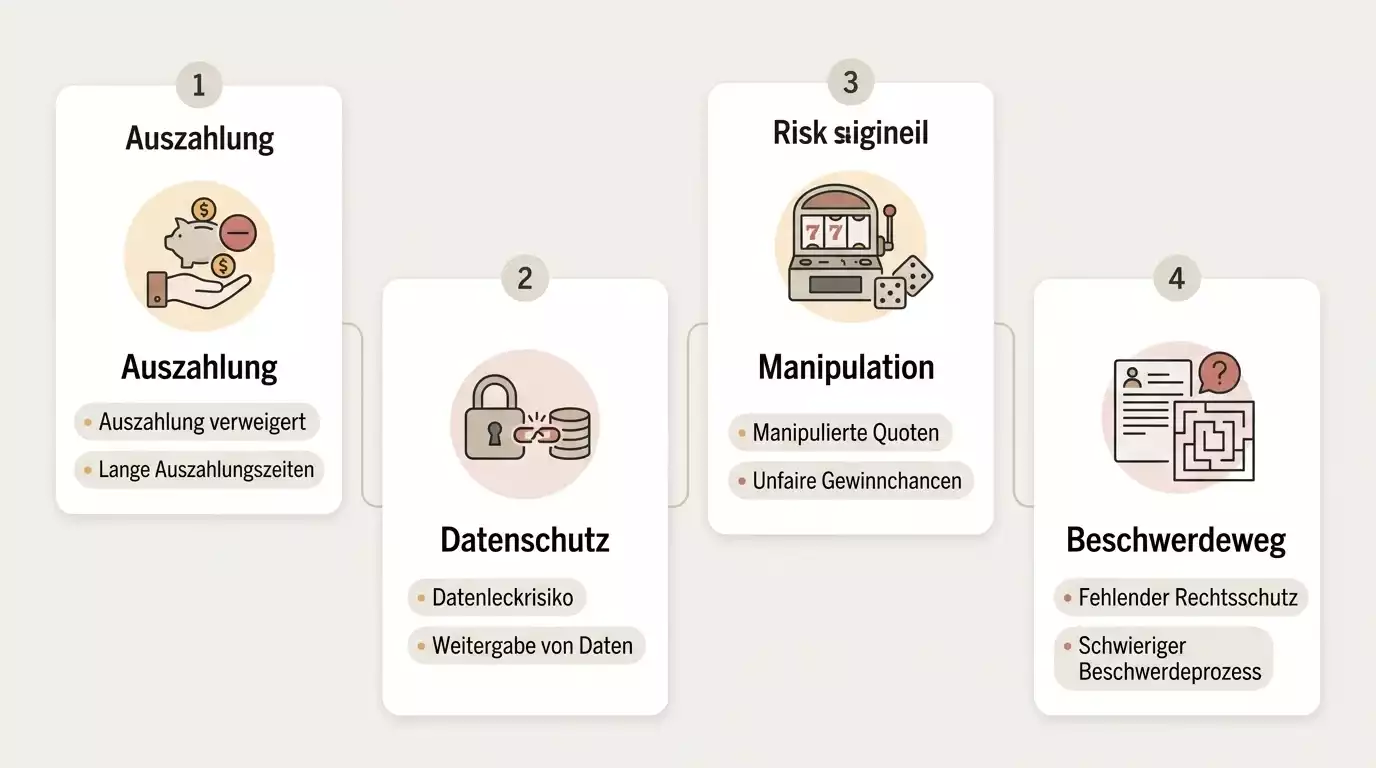 Risikokarte mit Bereichen Auszahlung, Daten, Manipulation und fehlende Beschwerdewege